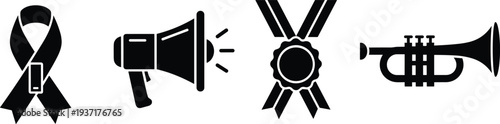 Black Icons Of A Ribbon Megaphone Medal And Trumpet On White awareness ribbon support