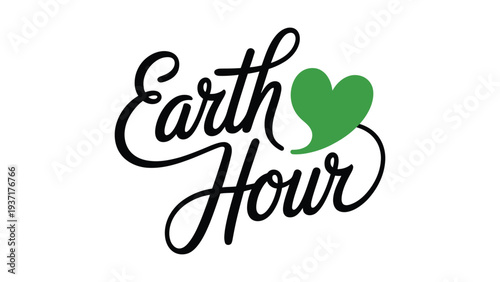 earth hour calligraphy typography with green heart symbol, environmental awareness concept promoting energy conservation and planet care