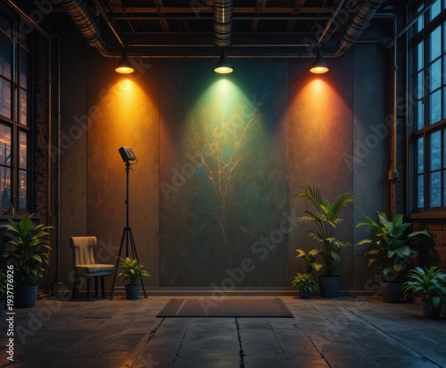 Industrial Style Room with Soft Ambient Lighting and Decorative Plants Featuring a Cozy Atmosphere