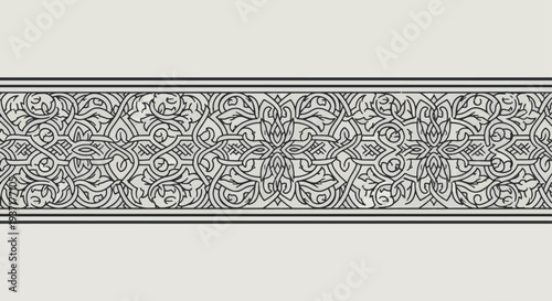 Islamic Floral Geometric Border Pattern, Traditional Arabic Ornament Frame for Ramadan Kareem and Eid Mubarak Design Elements.