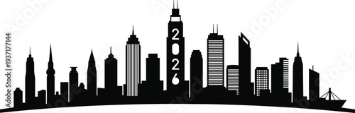 Black silhouette skyline with 2026 numbers on a tall building cityscape city