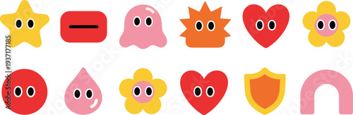 Cute colorful cartoon icon set with star ghost heart flower shield and abstract shapes playful vector illustration