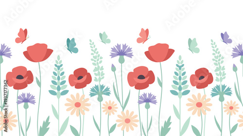Vibrant wildflower and butterfly border on white background, nature illustration