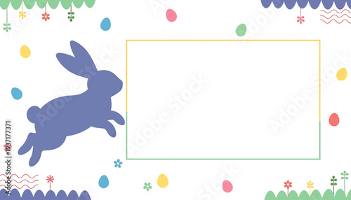 Blue Easter Bunny Hopping with Easter Eggs.