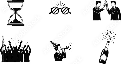 Collection of black and white icons representing celebration time and business hourglass sand
