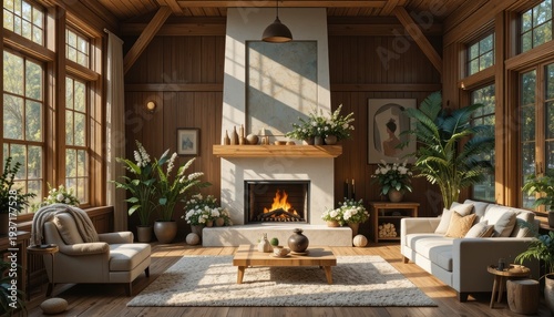 Cozy Living Room Interior with Fireplace and Abundant Greenery in a Sunlit Rustic Design