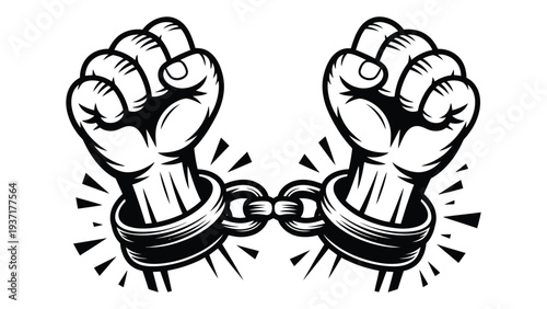 raised fists breaking chains symbol of freedom and liberation, human rights and anti slavery concept illustration for justice awareness
