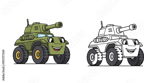 Cute cartoon military tank character with happy face. Colored and black and white line art outline versions for kids coloring book illustration.