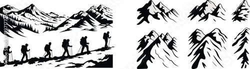 Silhouette hikers trekking across dramatic alpine mountain landscape with collection of hand drawn mountain peaks and ridges outdoor adventure travel vector illustration set