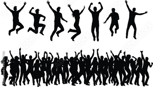 Dancing crowd silhouette vector set, jumping people celebrating party concert festival, energetic dance group isolated illustration