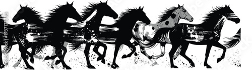Dynamic ink brush stroke horses running in a herd silhouette black