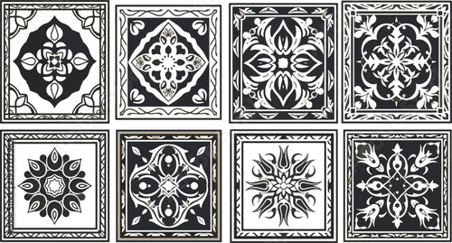 Set of monochrome ornamental tile patterns with vintage floral and geometric mandalas in Moroccan and Mediterranean style.
