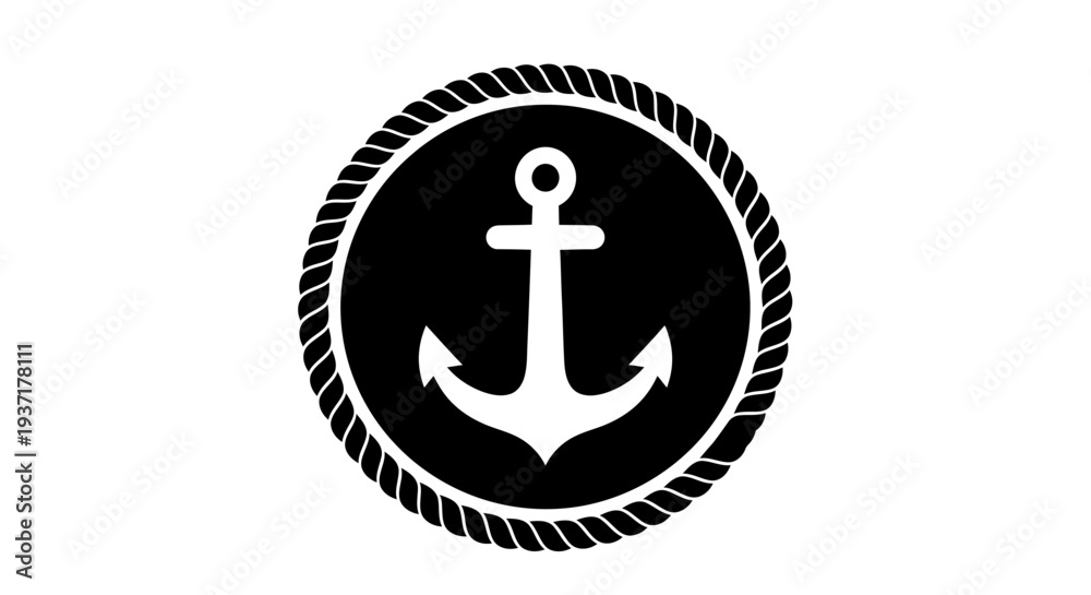 Fototapeta premium Nautical Anchor Emblem with Rope Circle, Maritime Symbol, Black and White