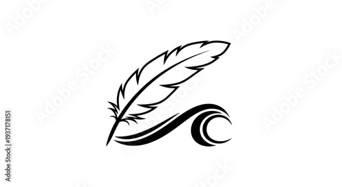 Elegant Feather Quill Pen Writing on Wavy Lines Symbol