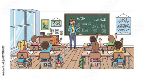 Teacher instructing students in a classroom setting with blackboard.