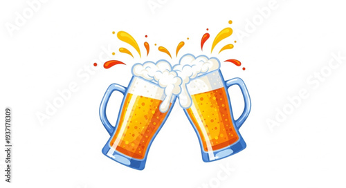 Two Mugs of Beer Clinking Together Celebration.