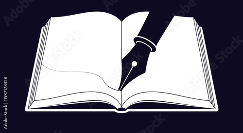Fountain Pen Writing in Open Book, White Silhouette on Dark Blue Background