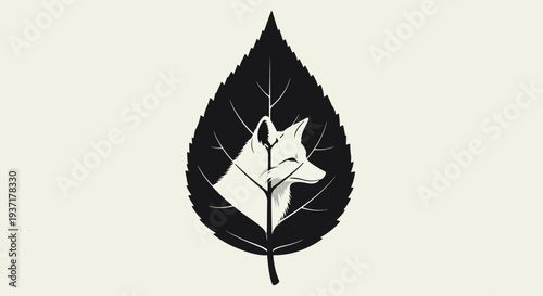 Fox Silhouette Inside a Leaf Shape, Minimalist Nature Logo Concept