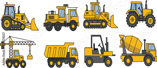 Construction vehicles and heavy machinery collection with bulldozer tractor crane dump truck forklift cement mixer vector illustration set