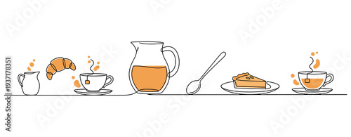 Continuous one line drawing croissant, croissant, donut, hot drink cup, tea ceremony. Coffee posters. One line vector illustration
