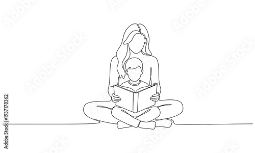 Continuous one line drawing. Family concept. Mother and son reading book. National Single Parent Day. One line design vector illustration