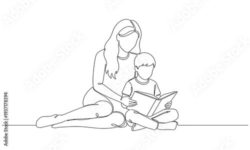 Continuous one line drawing. Family concept. Mother and son reading book. National Single Parent Day. One line design vector illustration