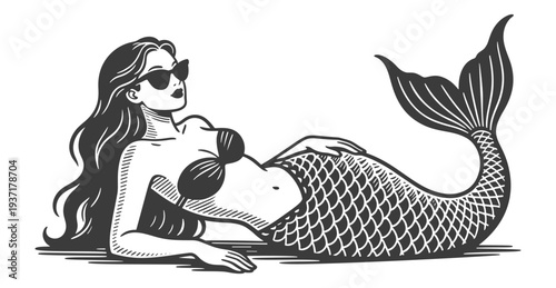 Seductive Mermaid Relaxing with Sunglasses, Black and White Vector Illustration