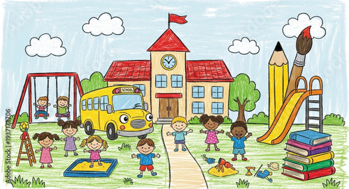 Colorful Childrens Playground with School Building and Play Equipment.