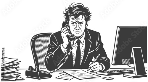 Frustrated Office Worker on Stressful Phone Call While Working at Cluttered Desk