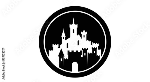 Medieval Castle Silhouette Icon in Circle, Fantasy Fortress Emblem