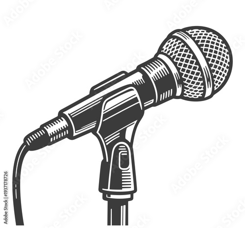 Classic Microphone on Stand, Detailed Black and White Vector Illustration
