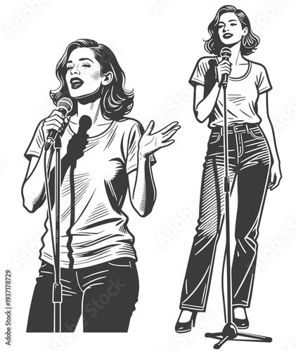 Young Woman Performing with Microphones on Stage