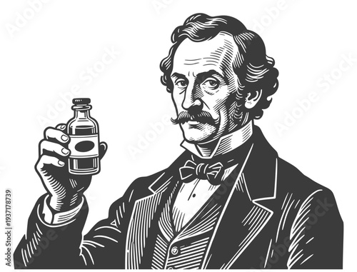 Victorian Gentleman Holding Medicine Bottle with Mustache and Bow Tie