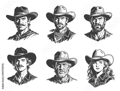 Set of Vintage Western Cowboy and Cowgirl Portraits Engraving Style