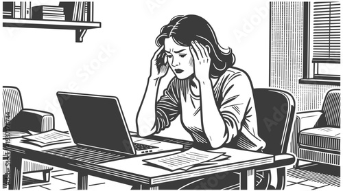 Stressed Young Woman Overwhelmed with Work at Laptop Holding Head
