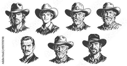Collection of Vintage Cowboy Portraits in Western Style Illustration