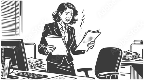 Overwhelmed Businesswoman Shocked by Documents in Chaotic Office
