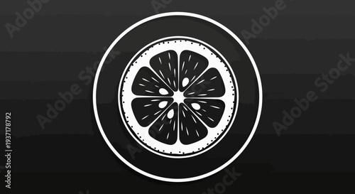 Minimalist black and white citrus slice emblem on dark background