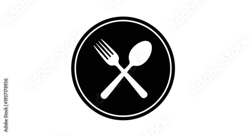 Minimalist Icon: Crossed Fork and Spoon in Circle, Restaurant Symbol