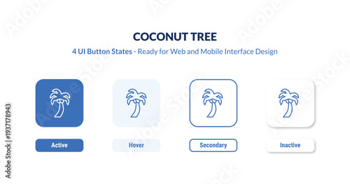 coconut tree 4-state UI button. Outline icon kit from ecology collection. Thin linear coconut tree, palm, holiday editable vector. Minimal coconut tree sign for web and mobile interface