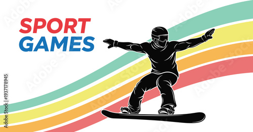 Snowboarder performing a trick with colorful wavy lines and text Sport Games snowboarding winter sport