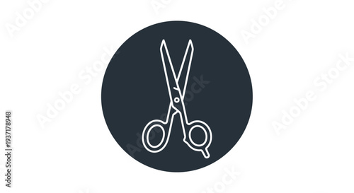 Minimalist icon of scissors in a dark circle, clean design
