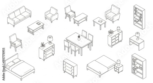 Collection of Isometric Furniture Line Drawings for Interior Design.