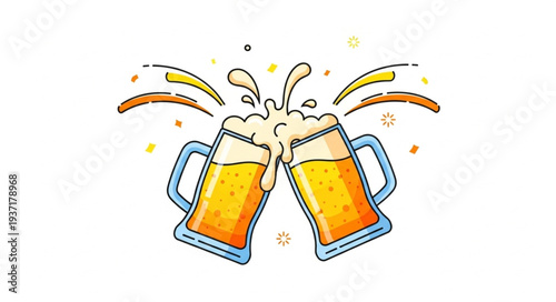 Two Mugs of Beer Clinking Together Celebration.