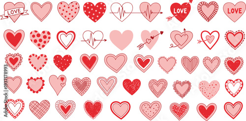 Valentine hearts collection with romantic love symbols arrows heartbeat and decorative hand drawn heart shapes vector set