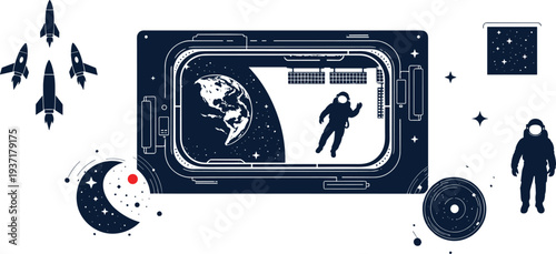 Space exploration concept with astronaut, Earth, rockets and celestial bodies planet