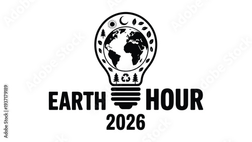 earth hour 2026 awareness concept with globe inside light bulb icon, environmental protection and energy saving campaign typography design