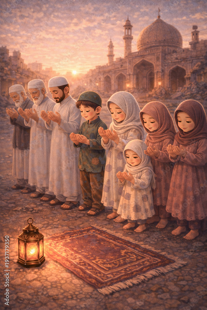 Obraz premium Muslim family praying together during Ramadan evening prayer near mosque, spiritual Islamic illustration with warm sunset light