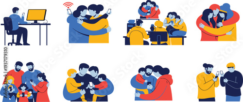 People relationships and social interaction scenes including family friends hugging teamwork and smartphone communication flat vector illustration set