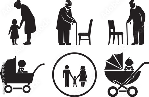 Black silhouettes of family members and baby care icons on white background